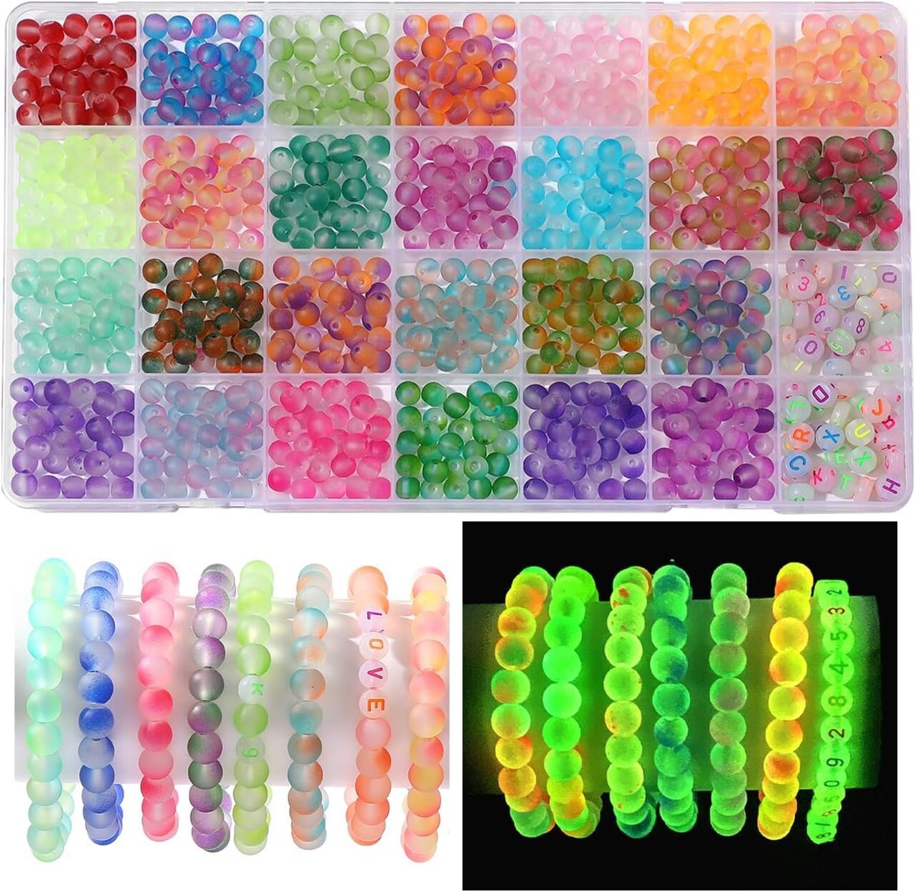 850PCS Glow in the Dark Glass Beads for Bracelet Making – 26 Color Crystal Beads Set with Luminous Letters & Numbers | 6mm Round DIY Jewelry Kit for Bracelets, Necklaces, Earrings & Party Decor